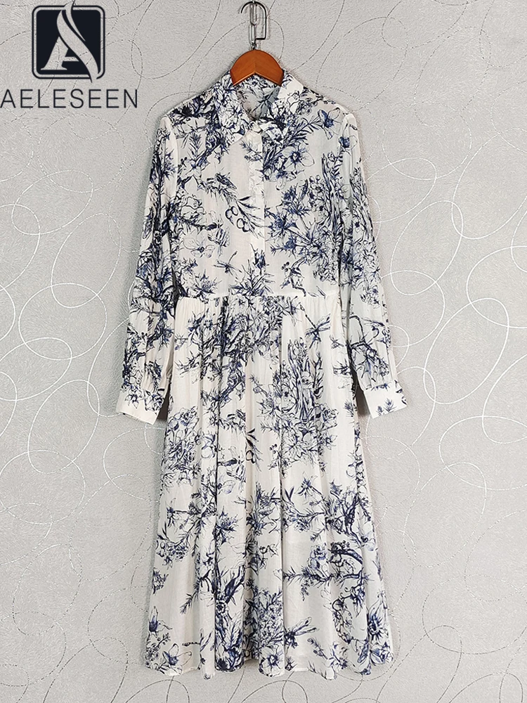 

AELESEEN Elegant Long Cotton Dress Women Runway Fashion Spring Summer Full Sleeve Single-breasted Flower Print Poplin Party