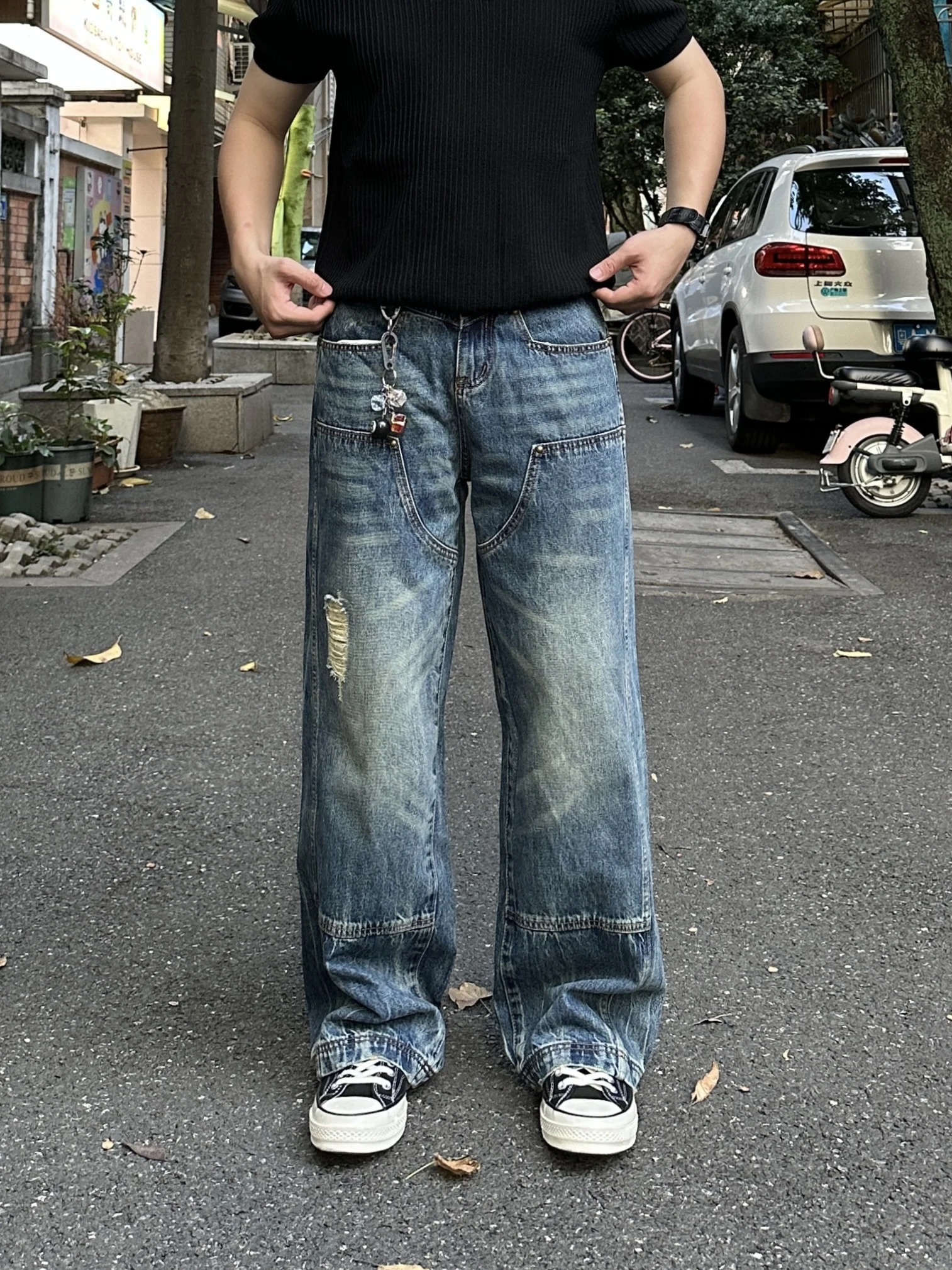 

Retro Washed American High Street Style Men's Loose Straight Leg Denim Jeans Workwear Blue with Hole Casual Leisure Trousers