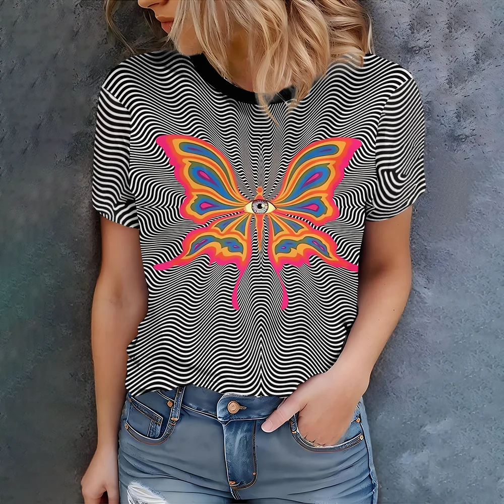 

Colorful Butterfly Pattern Black And White Striped Women's T-shirt - Modern Casual Art Style Summer Round Neck Short Sleeve