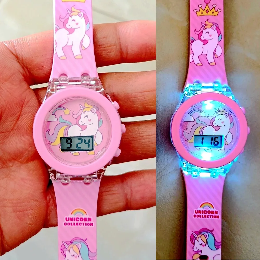 Cartoon Unicorn Collection Rainbow Printed Rubber Girls Kids Children Students Digital Flash Light Glow Up Party Gifts Watches