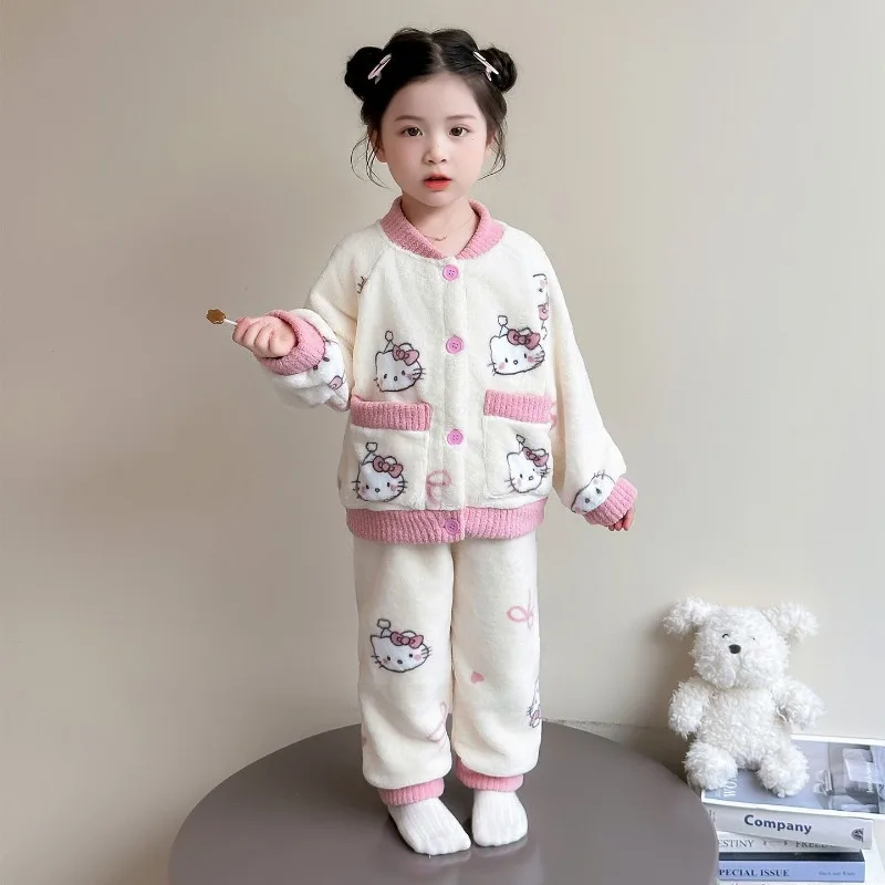 

Kawaii Hello Kitty Sanrio Students Cute Cartoon Comfortable Warm Pajamas Children Plush Thickened Hoodie Trousers Gift for Kids