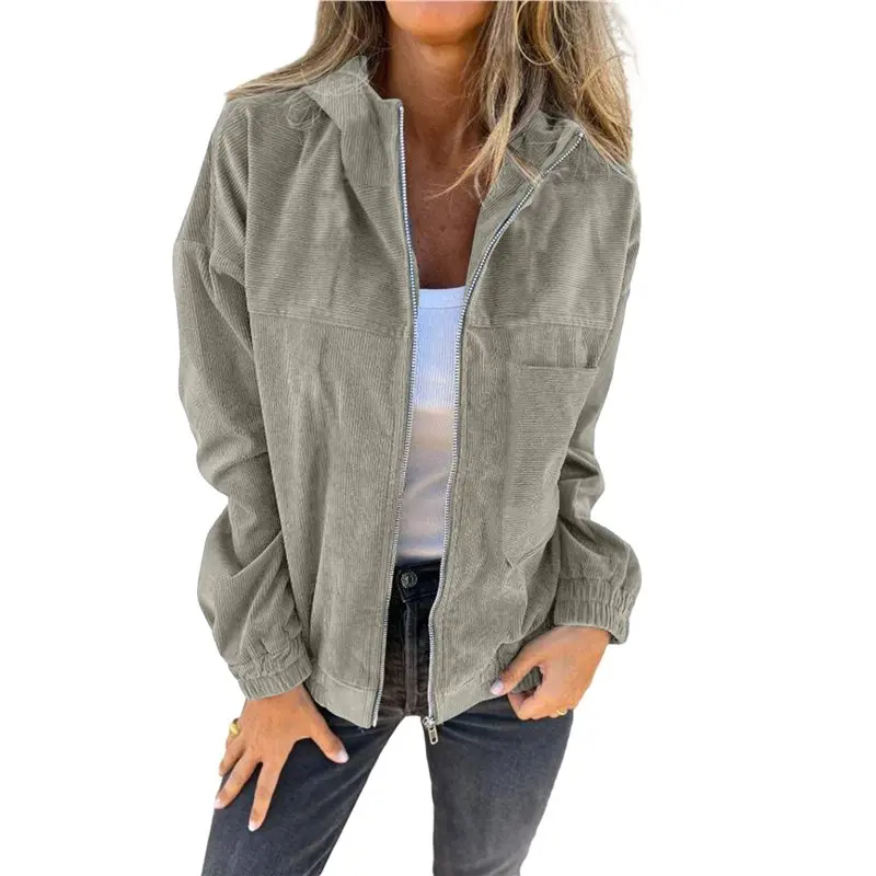 

CYL-Women's Solid Color Corduroy Jacket Minimalist Style Hooded Zip Front Coat Casual Outerwear