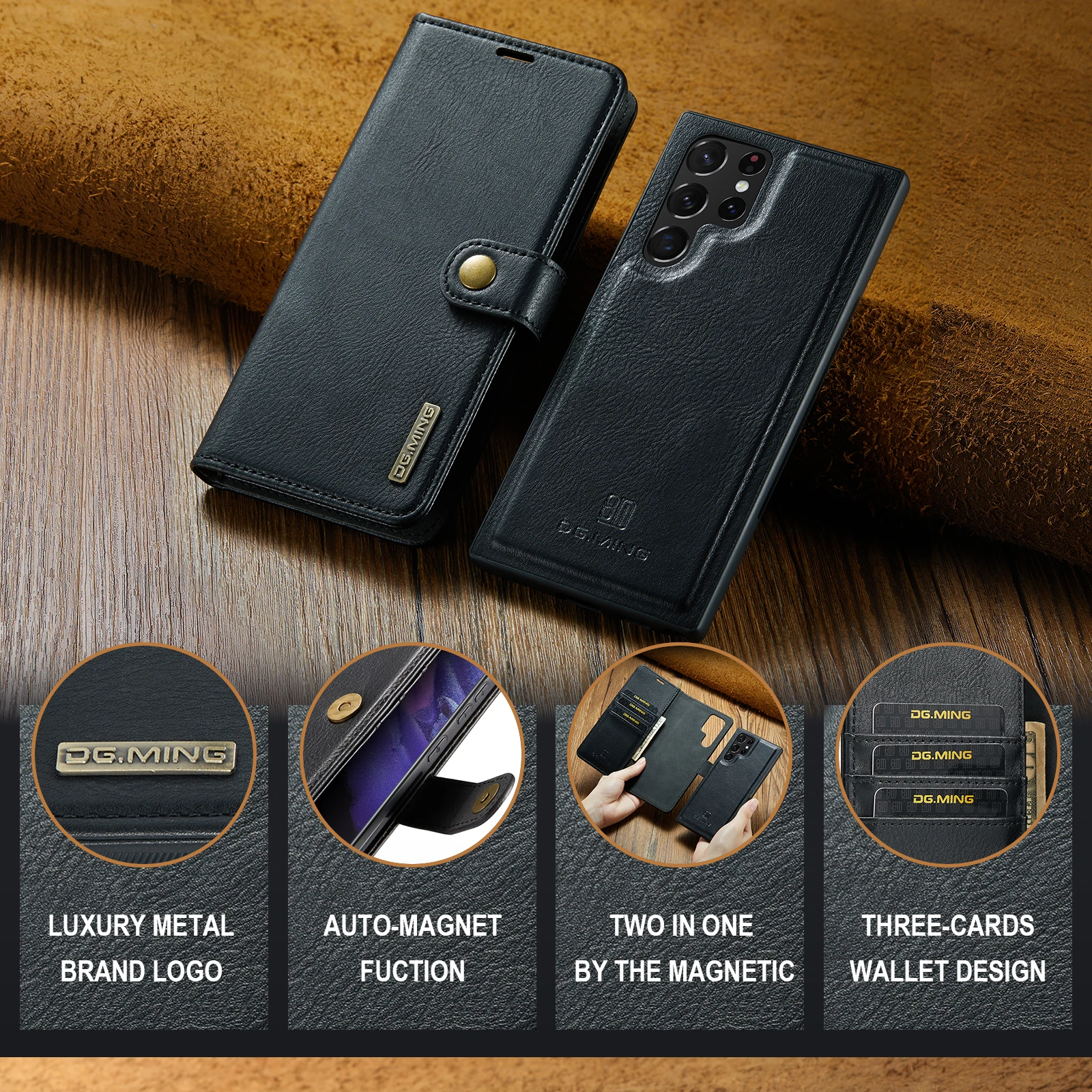 DG.Ming For Samsung S23 S22 S21 S24Ultra/Plus Note20 Ultra Leather Magnetic Wallet Phone Case for Galaxy A73 A34 A54 A14 A53 A33