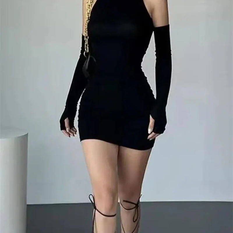 Vestido ajustado fruncido para mujer, Mini Vestidos de cuello alto con mangas, Vestidos de fiesta elásticos ajustados negros de otoño, ropa de moda Y2K