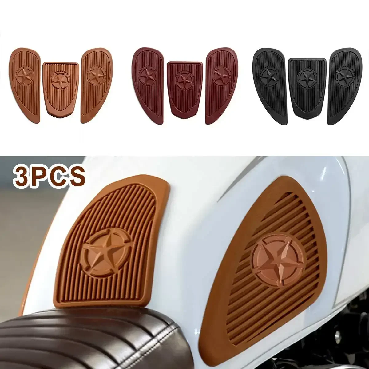 

3Pcs Retro Motorcycle Cafe Racer Gas Fuel Tank Rubber Sticker Protector Side Tank Knee Grip Pad Star Grip Decal