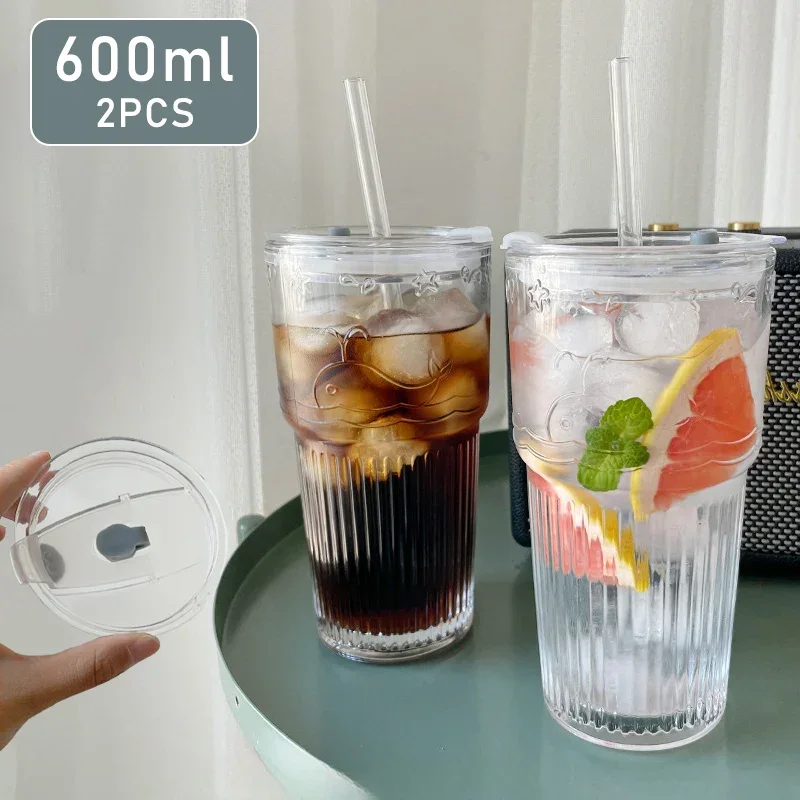 2024 NEW Stripe Glass Cup with Lid and Straw Transparent Drinking Glasses for Juice Water and Iced Coffee Cups Drinkware Mug