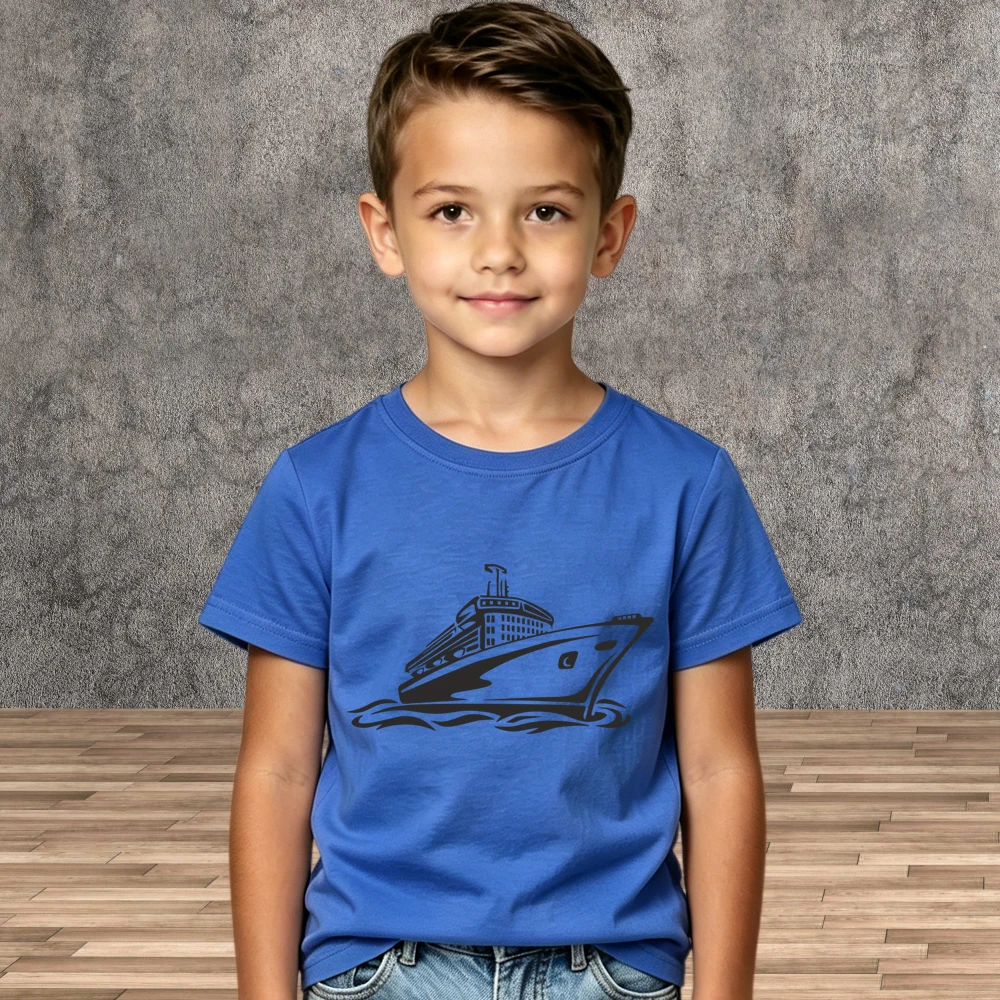 Toddler Boys Girls Soft T-shirt Summer Cotton Tees Shirt Children Kids Short Sleeve Crew Neck Cartoon Cruise Ship Print Tops