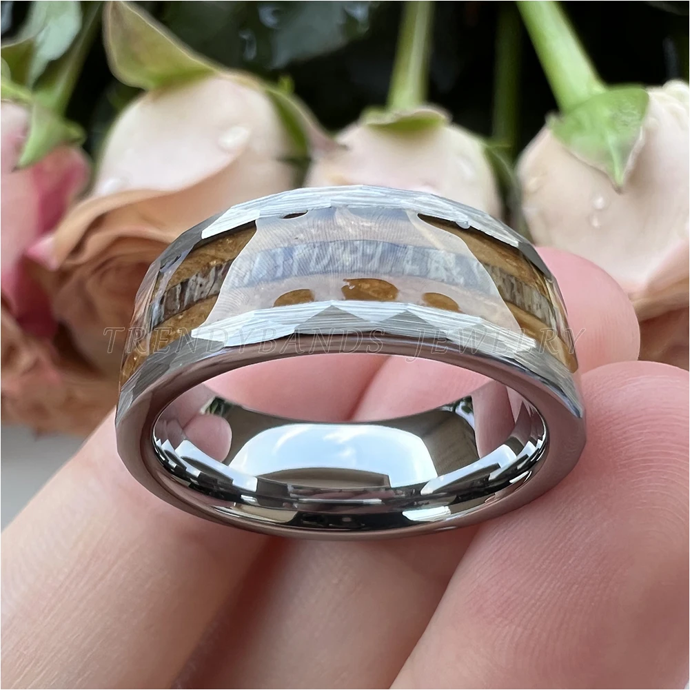 8mm Hammered Fashion Ring for Men Women Tungsten Carbide Engagement Jewelry Wedding Band Whisky Barrel Wood Inlay Brushed Shiny – Detail 1
