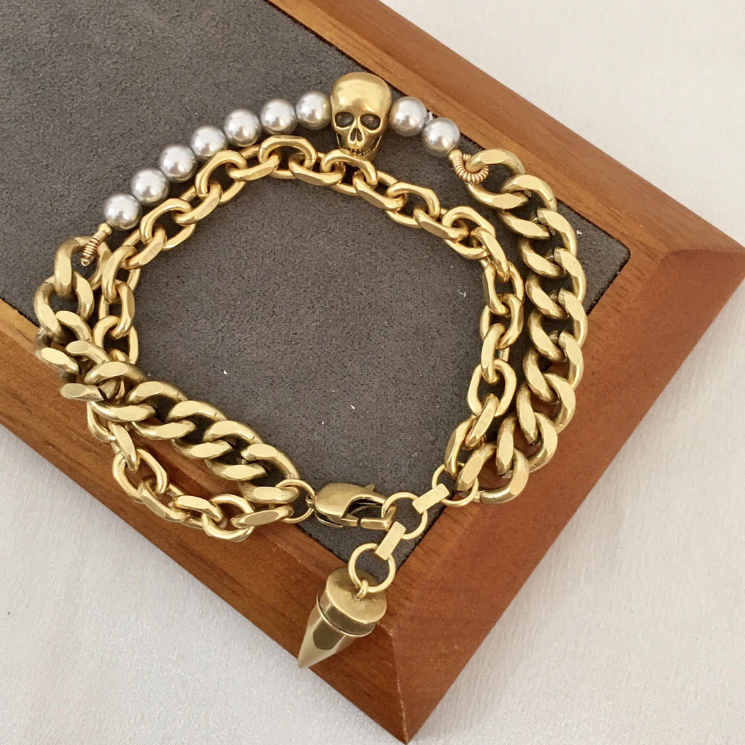 

Fashion Skull Brass Gold Plated Silver Pearl Bracelet Women Europe America Designer Luxury Jewelry Halloween