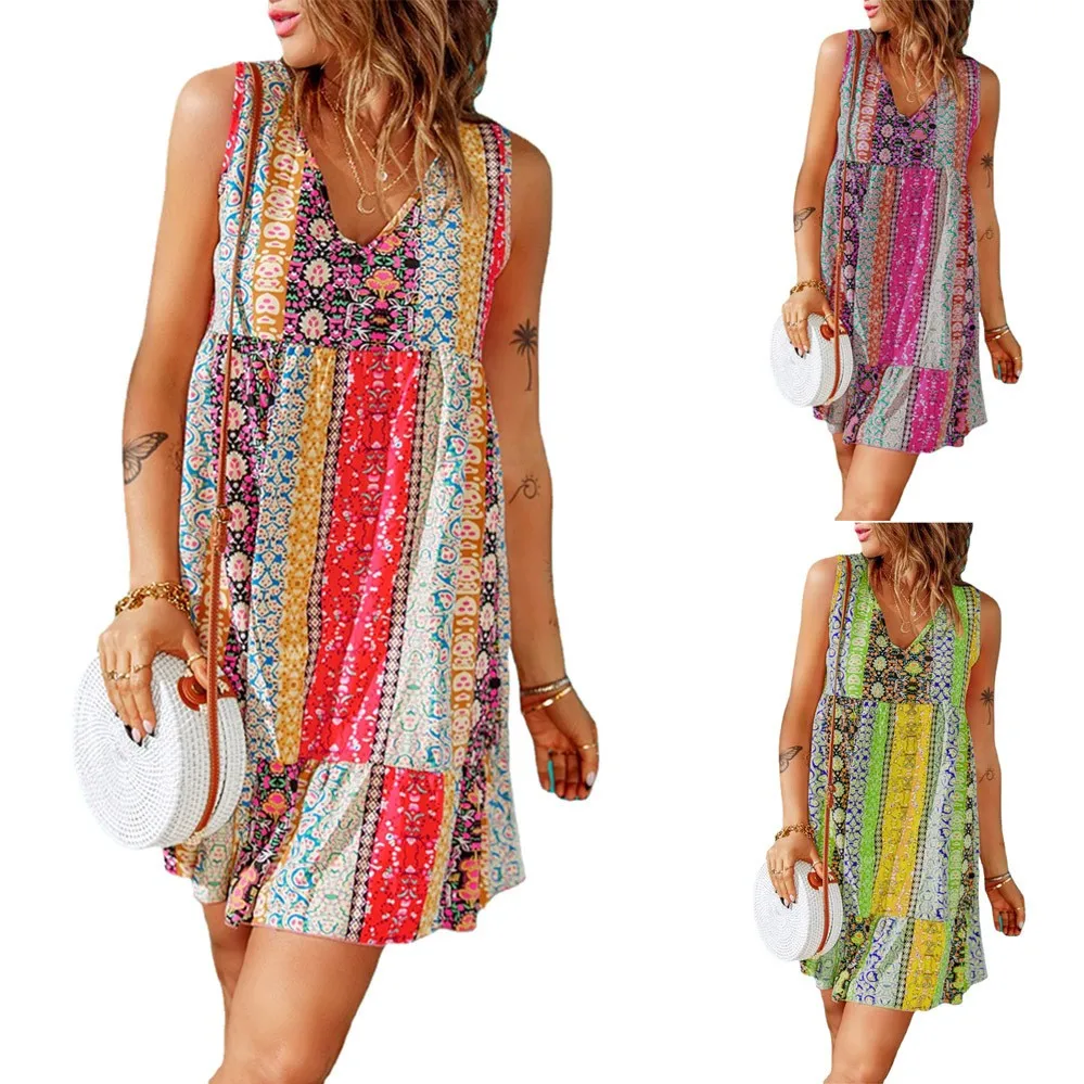 Summer Floral-Panelled Ruffled V-Neck Sleeveless Mini Dress