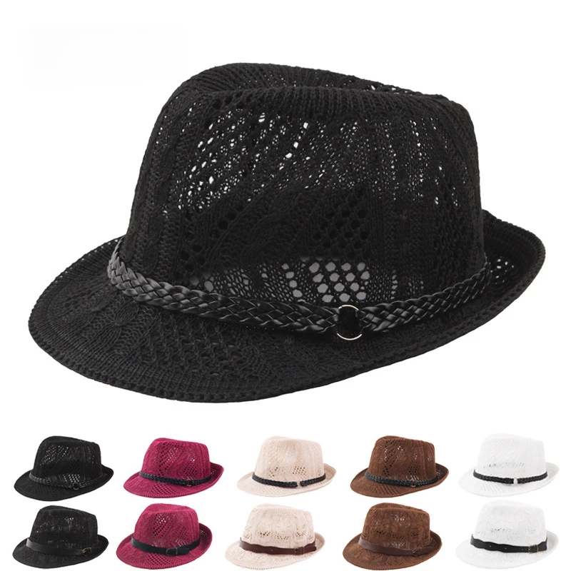 Summer Women\'s Knitted Mesh Breathable Curled Jazz Hat Leather Belt Panama Hat