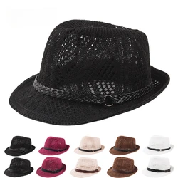 Summer Women's Knitted Mesh Breathable Curled Jazz Hat Leather Belt Panama Hat