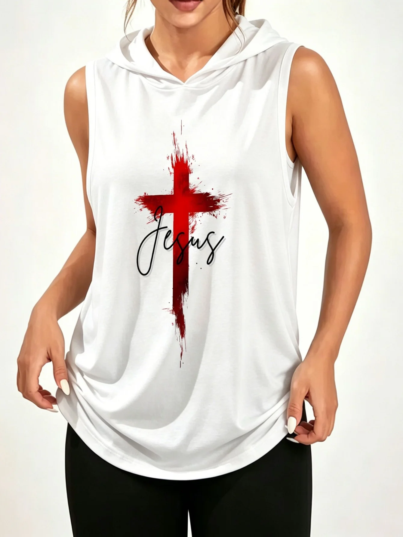 Unisex Jesus Red Cross Religious Print Sleeveless Hooded Tank Top Christian Faith Vintage Casual Hood Vest