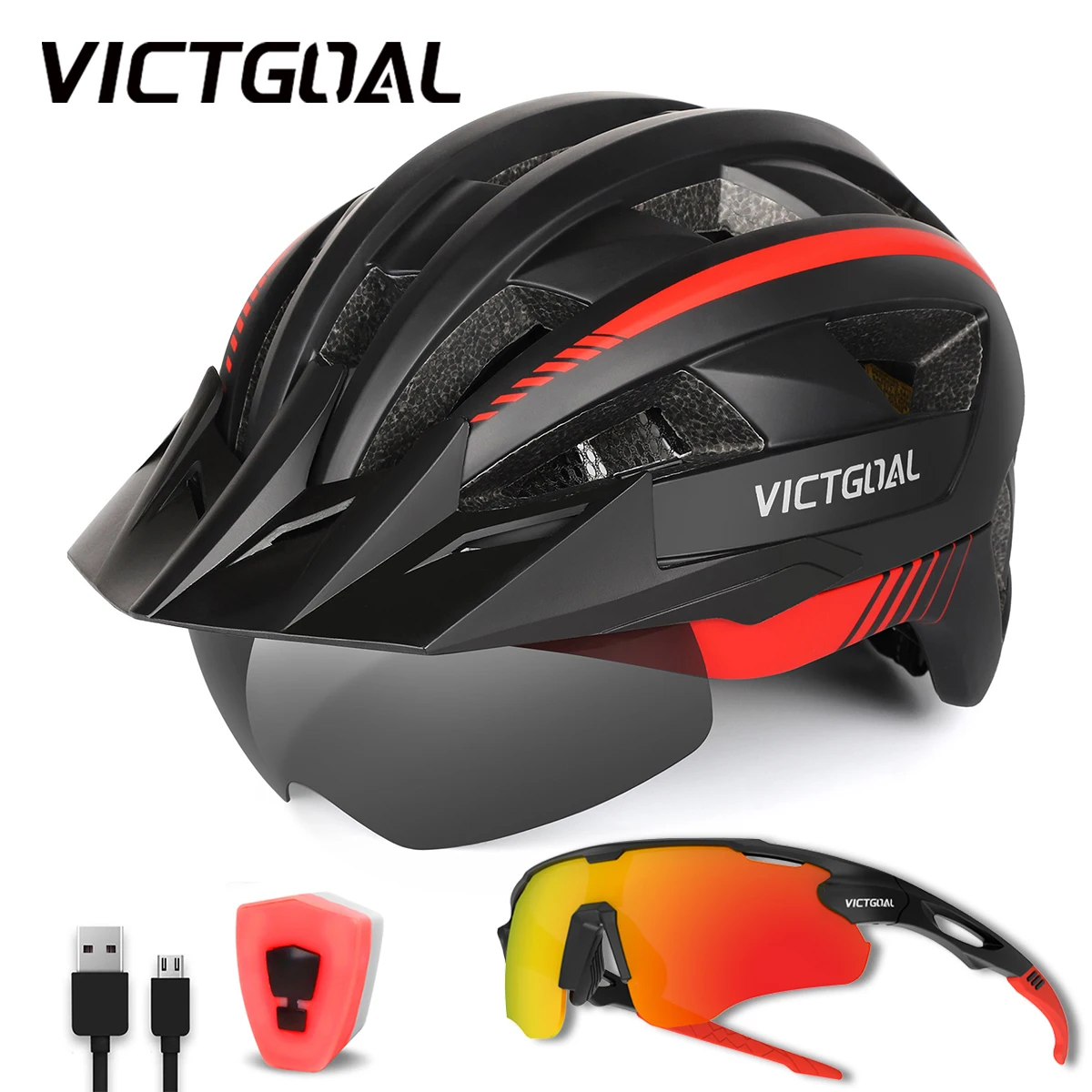 

VICTGOAL Bicycle Helmet Polarized Sunglasses for Men Cycling Helmet LED USB Light MTB Road Racing Bike Safety Helmets M/L/XL