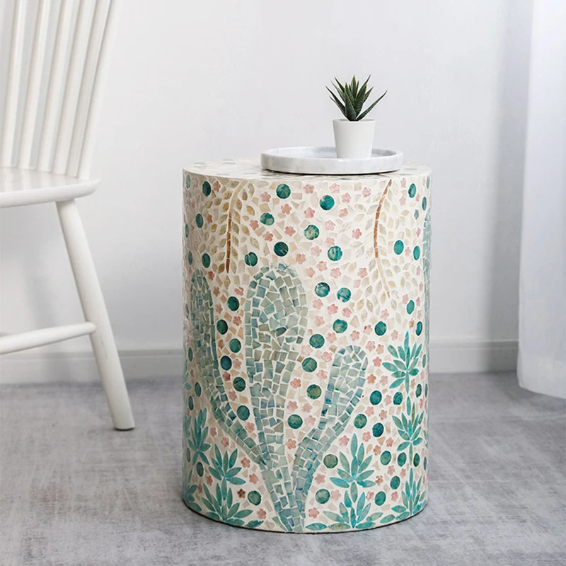 Luxury Round Coffee Table,Cactus Decorated Shell Tea Table,Living Room Side Table,Bedroom Nightstand,Art Storage Desk,Furniture