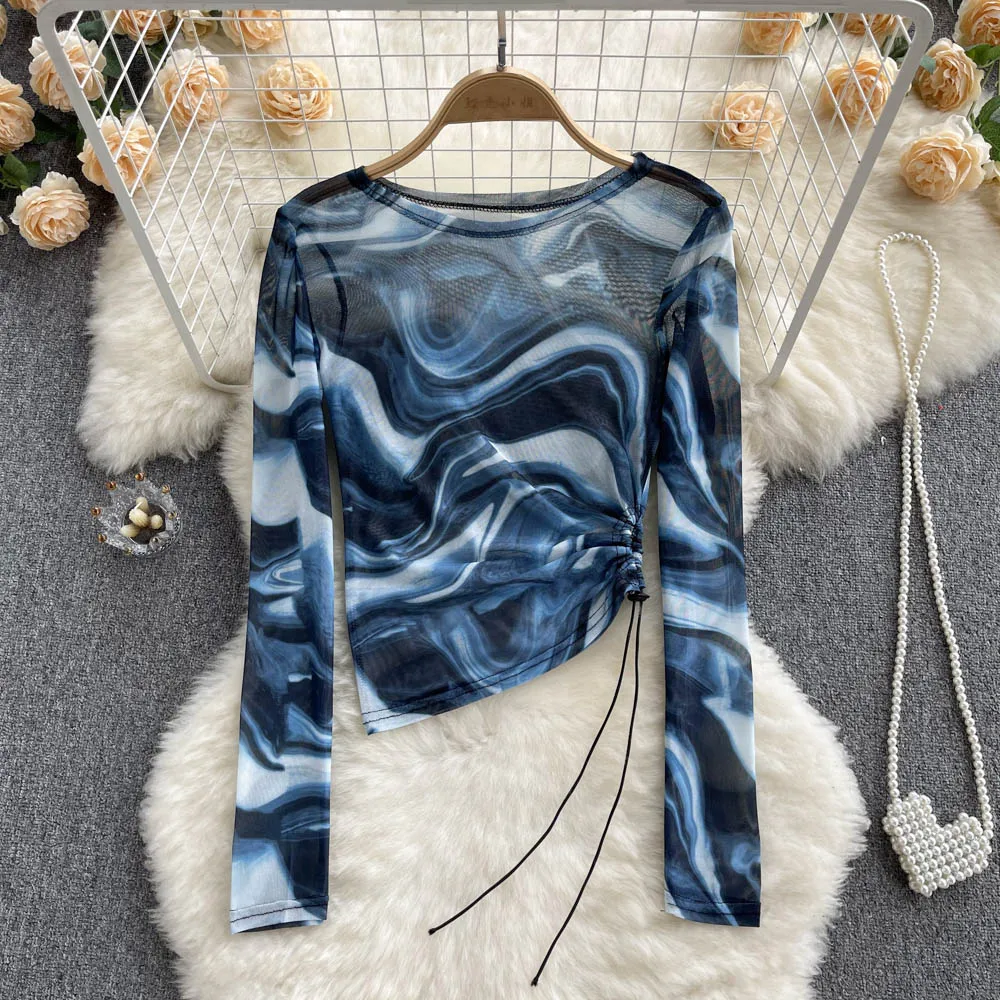 Women Mesh Tie Dye Long Sleeve T Shirt Bodycone Sheer O Neck Tops Female Shirring Tees Y2k Tops Crop Top Summer