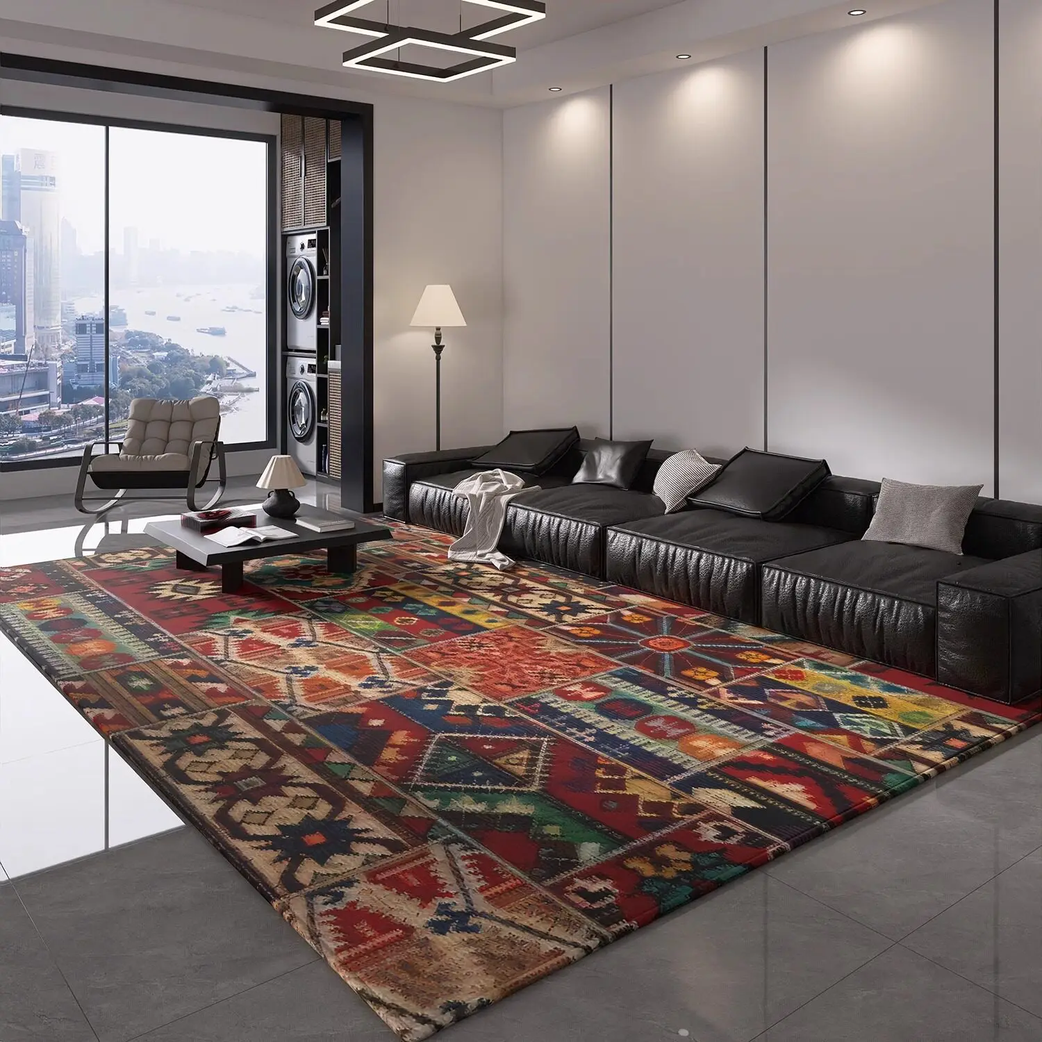 Vintage Boho Area Rug Soft Washable Low Pile Floor Carpet Non Slip Dustproof Wear Resistant Mat Living Room Bedroom Decor