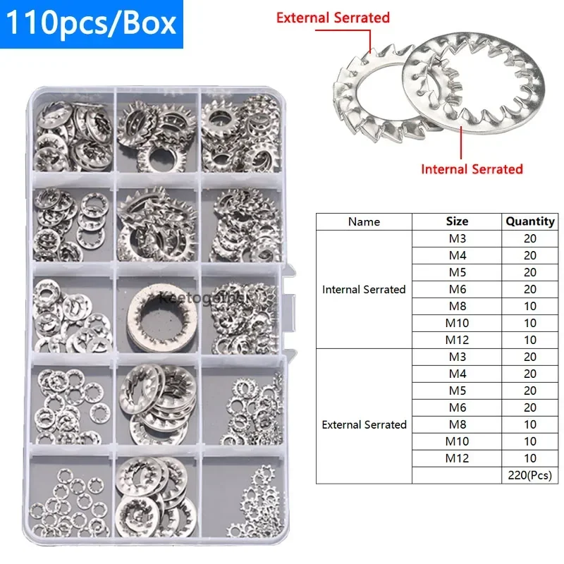 

220pcs/Box Lock Washer 304 Stainless Steel M3 M4 M5 M6 M8 M10 M12 Mix Lock Washer Shockproof Washer Assortment Kit