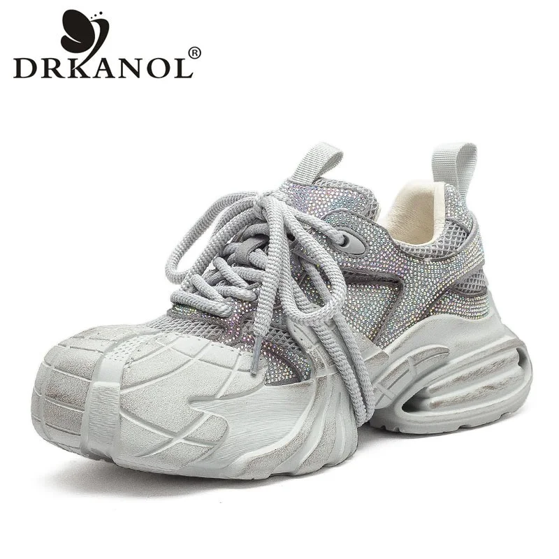 

DRKANOL Women Casual Air Mesh Breathable Shoes Sparkling Rhinestones Thick Sole Platform Lace-Up Trend Distressed Design Shoes