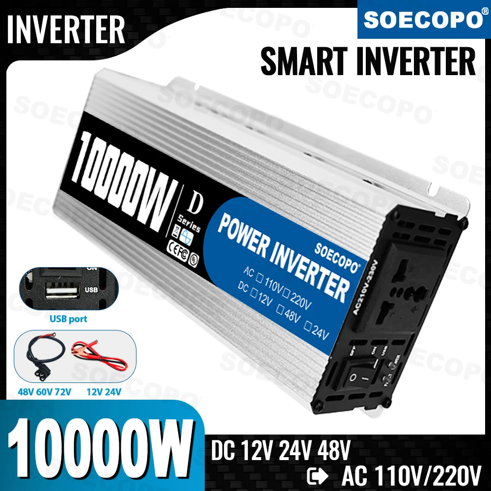 Portable 10000W Inverter 12V/24V/48V DC to 220V AC with Universal Outlet USB Port  Solar RV Home Backup Outdoor Use CE Certified