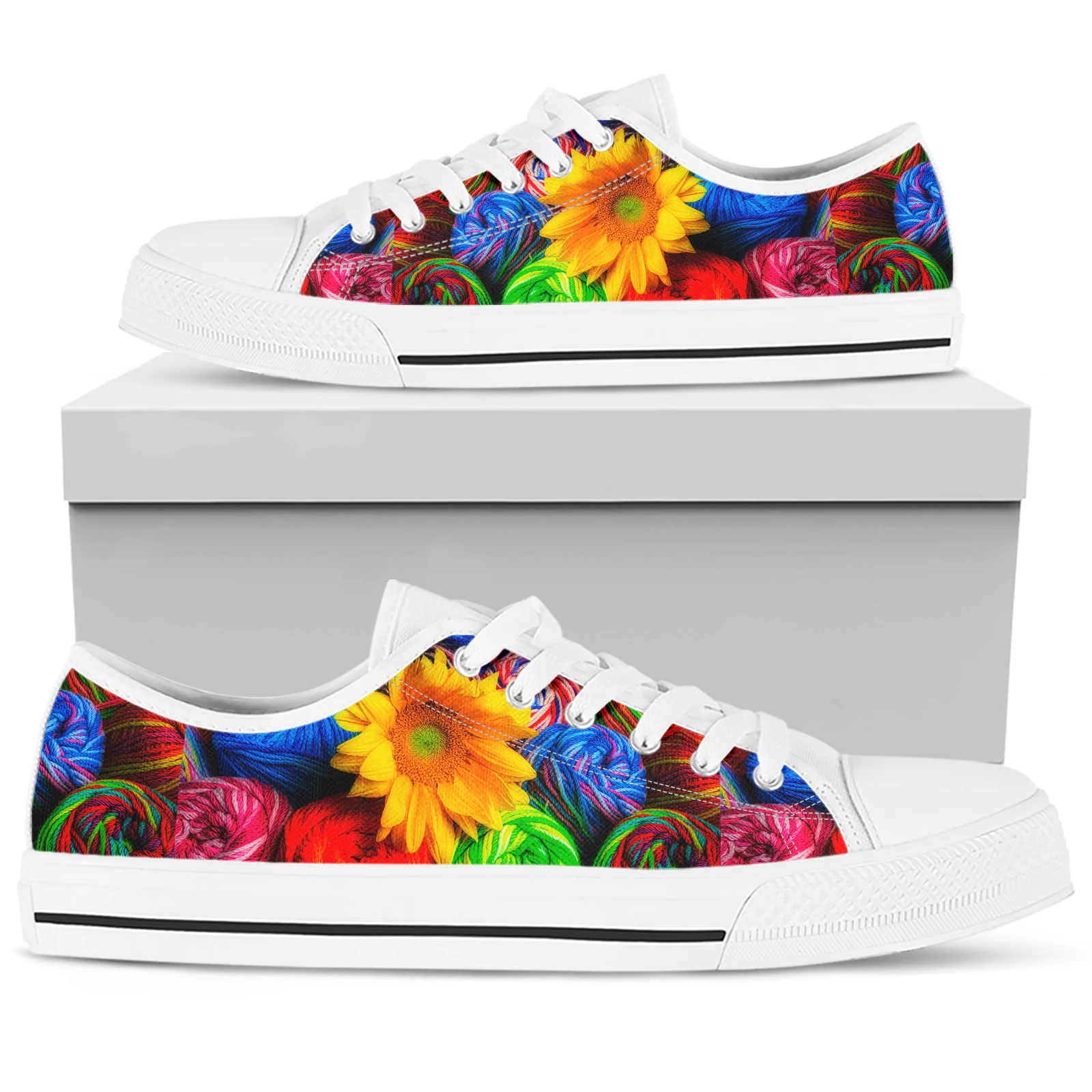 ELVISWORDS Yarn Ball/Handmade Art Sunflower Design Comfortable Women's Shoes White Soft Sole Canvas Shoes Causal Sneakers