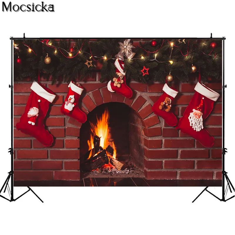 Christmas Fireplace Backdrops For Photography Retro Brick Wall Hearth Red Socks Decor Family Portrait Photocall Background Photo