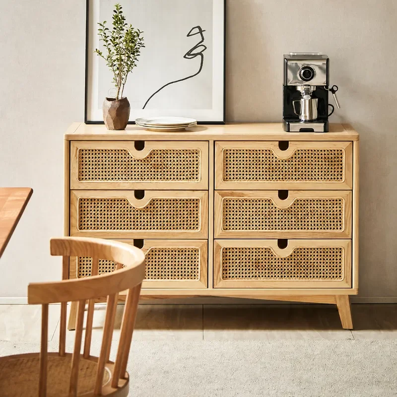 Nordic Solid Wood Rattan 4 Drawer Chest Cabinet Simple Modern Living Room Bedroom Storage Locker for Bed and Breakfast