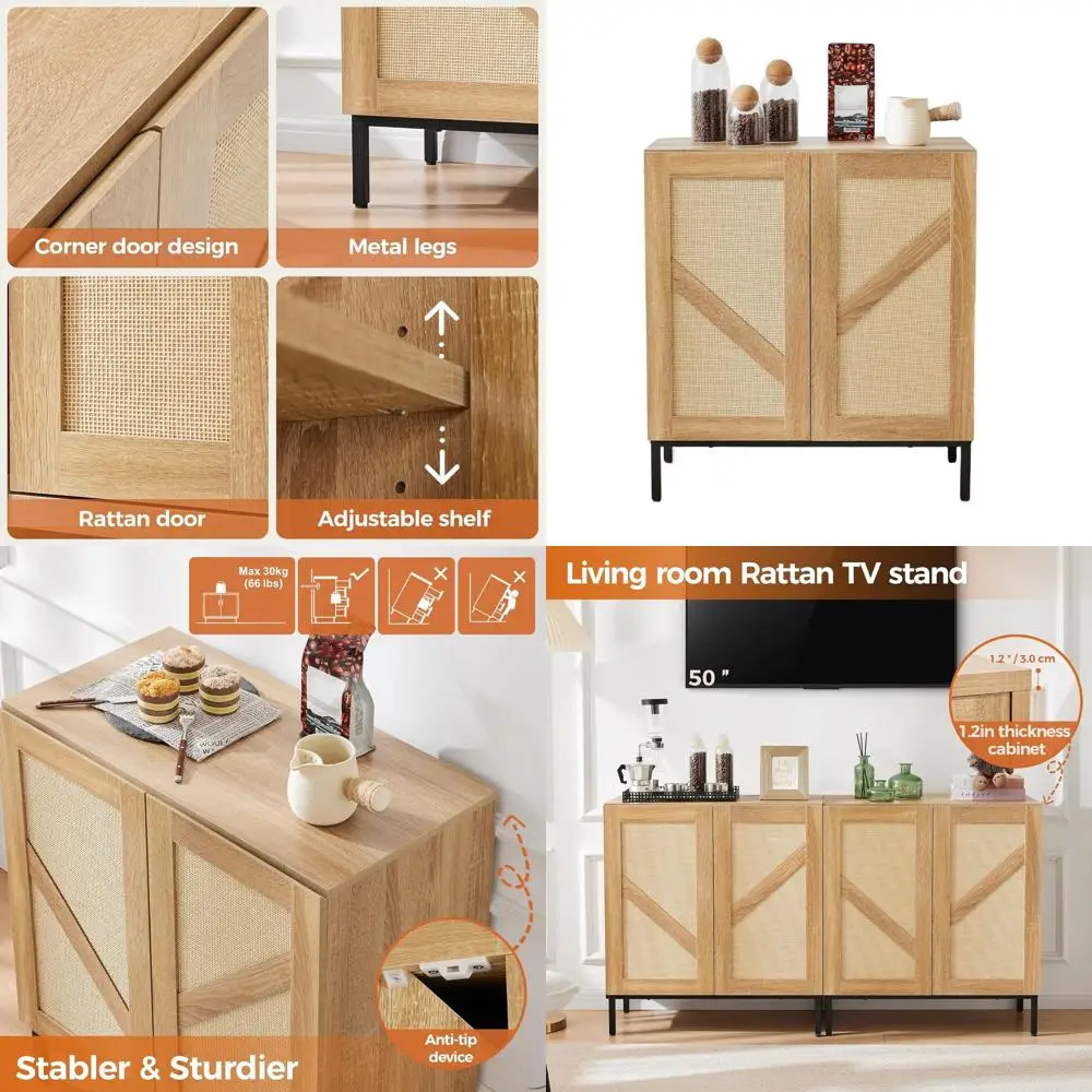 

Rattan-Style Buffet Cabinet with 2 Doors, Metal Base, and Adjustable Shelf for Kitchen, Coffee Bar, Entryway, and Living Room