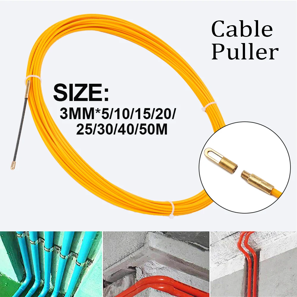 3mmFiberglass Cable Puller Wall Wire Conduit Fish Tape Yellow Cable Cable guide Electrician Pushing Tape 5/10/15/20/25/30/40/50M