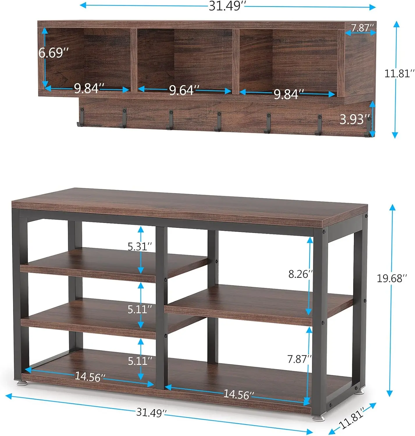 Industrial Shoe Rack Bench with Coat Rack Set with Hall Tree 3 Storage Cubbies 7 Hooks for Entryway Hallway 5-in-1Design