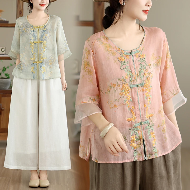 

Women's plus Size Cotton Linen Shirt Summer New Style Button Short Sleeve Thin Outerwear Casual Comfortable Breathable Top