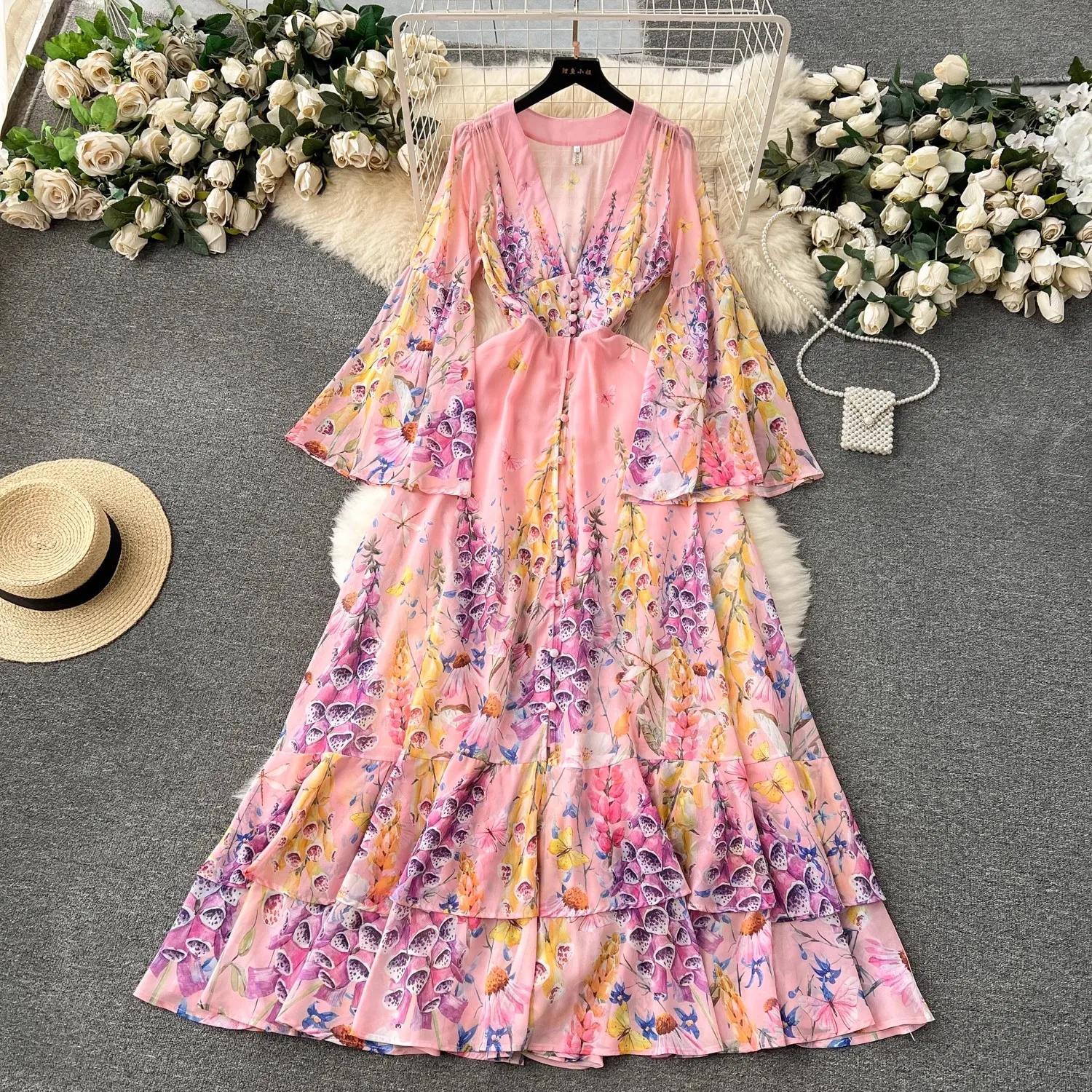 Zomervakantie Prachtige Bloem Chiffon Ruches Cake Jurk Dames V-Hals Flare Mouw Bloemenprint Boho Robe Lange Vestido 6230