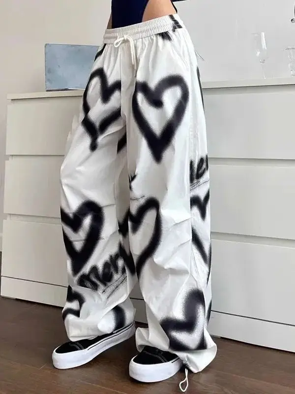 

Love fiti Printed Elastic Dstring Wide Leg Pants Casual Straight Leg Trousers for Women And Girls Polyester Fabric