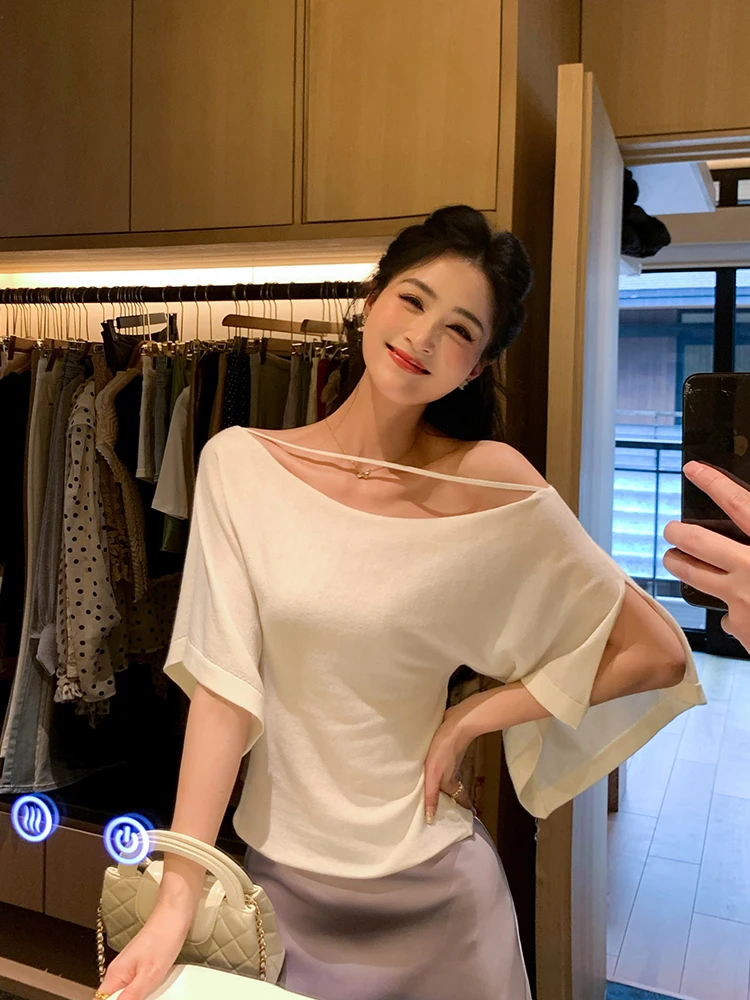 

Вязаный свитер Linyener Pure Desire на одно плечо, женский летний топ с диагональным вырезом на плече, короткий рукав, из смесовой шерсти, свободный крой