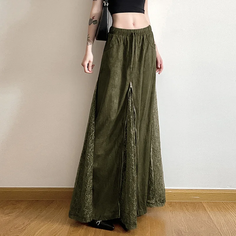 

Vintage Green Loose Skirt Women Zipper Splicing Lace Ankle Length Skirts Female Drawstring High Waist Pocket Jupe Faldas Saia