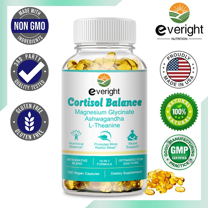 Cortisol Hormone Balance Supplement with Ashwagandha Magnesium Glycinate 14-in-1 Natural Plant-Based for Stress, Mood Health