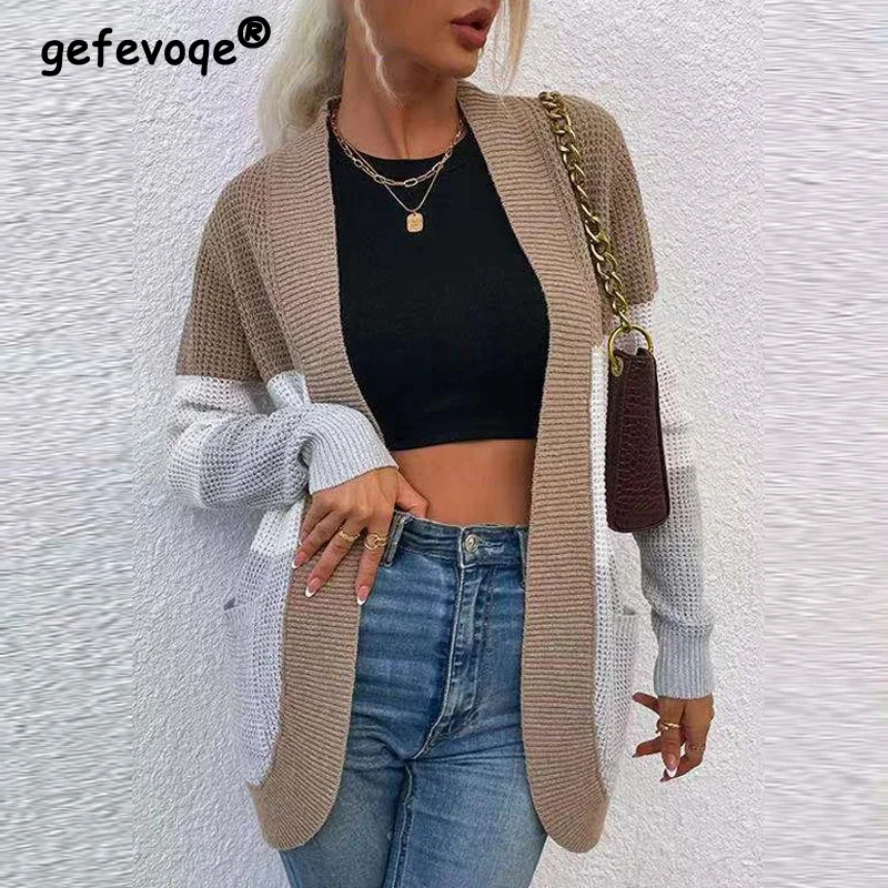 

2023 Autumn Winter Women Vintage Contrast Color Patchwork Knitted Cardigans Female Casual V Neck Long Sleeve Loose Sweater Coat