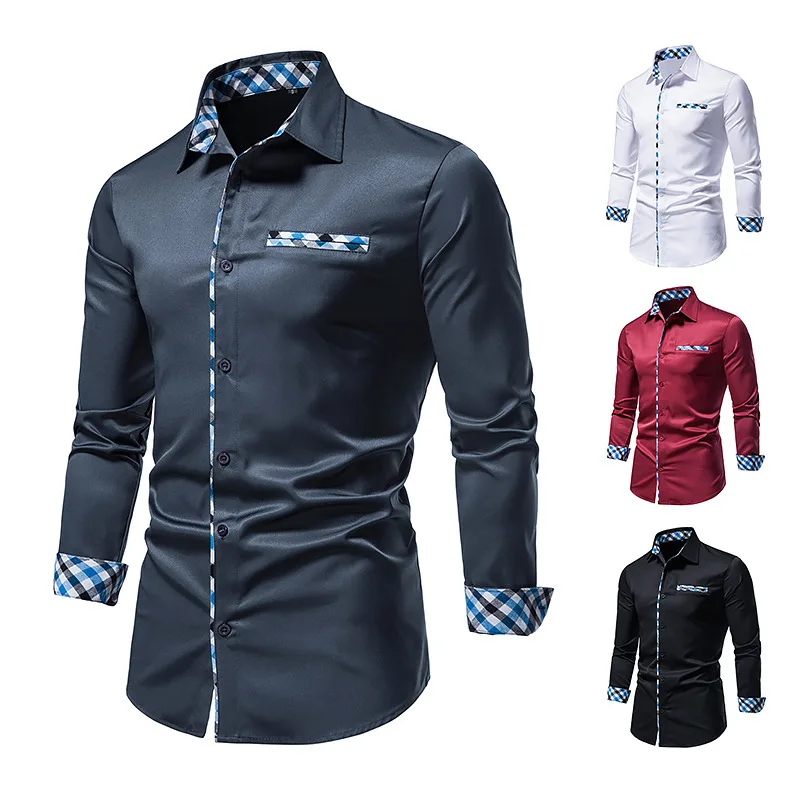 

Men's Long Sleeved Fashionable Button Up Shirt, Contrasting Casual Button Up Shirt, Slim Fitting Formal Shirt