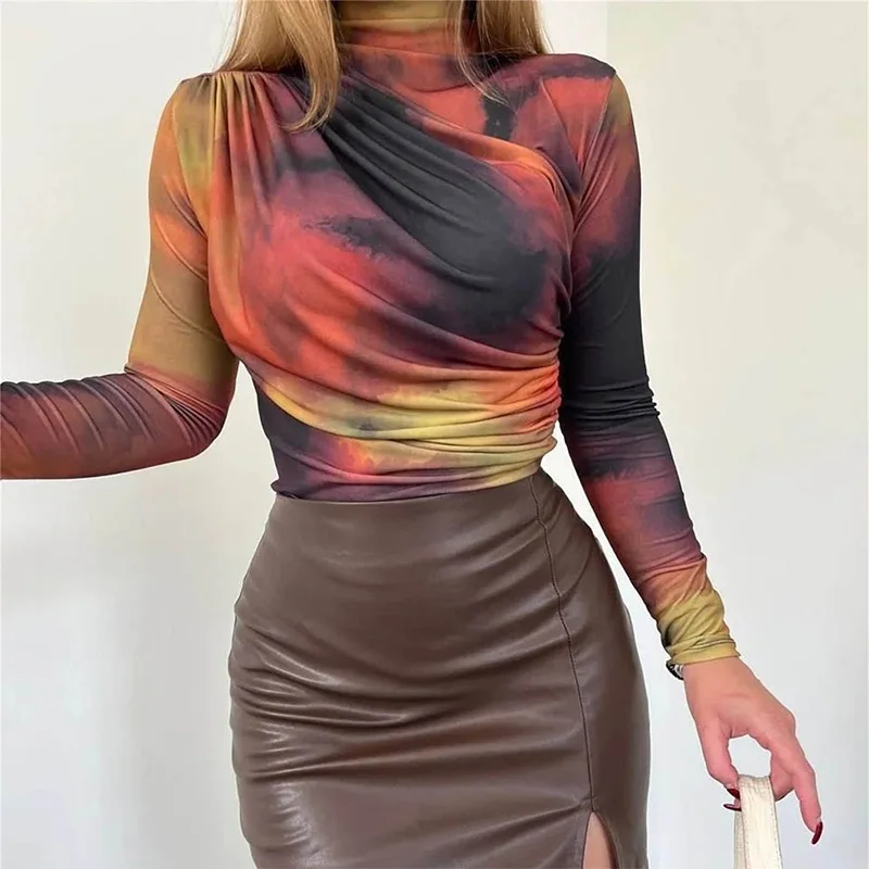 New in Tye Dye Sexy T-shirts Women Full Sleeve High Neck T Shirt Autumn Spring Clothes Pullovers Casual Fit Tees Female Clothing