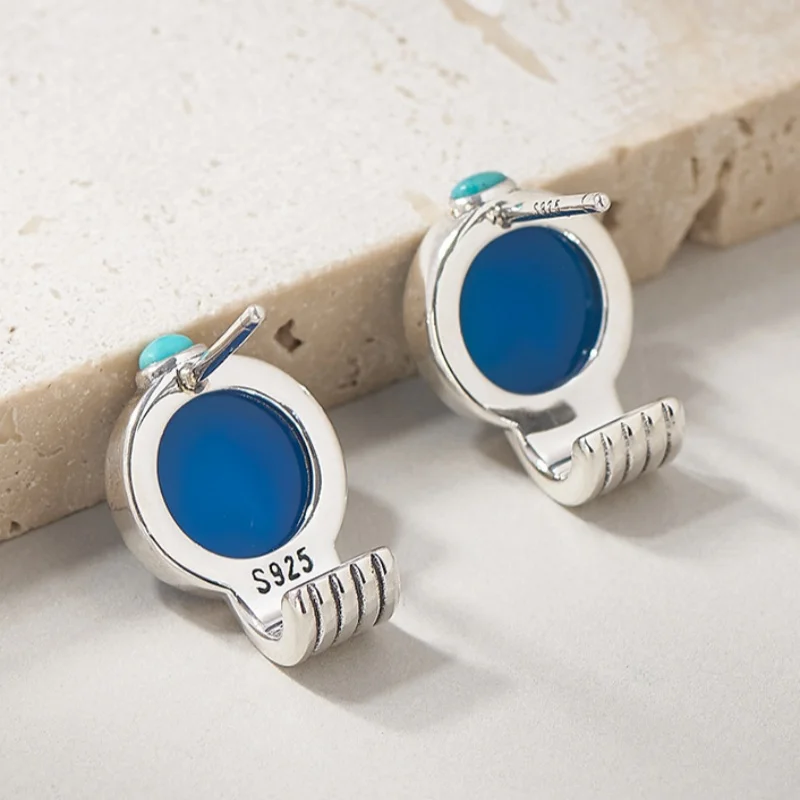 S925 Sterling Silver Charms Studs Earrings for Women New Fashion Blue Agate Little White Horse Ear Studs Jewelry Free Shipping