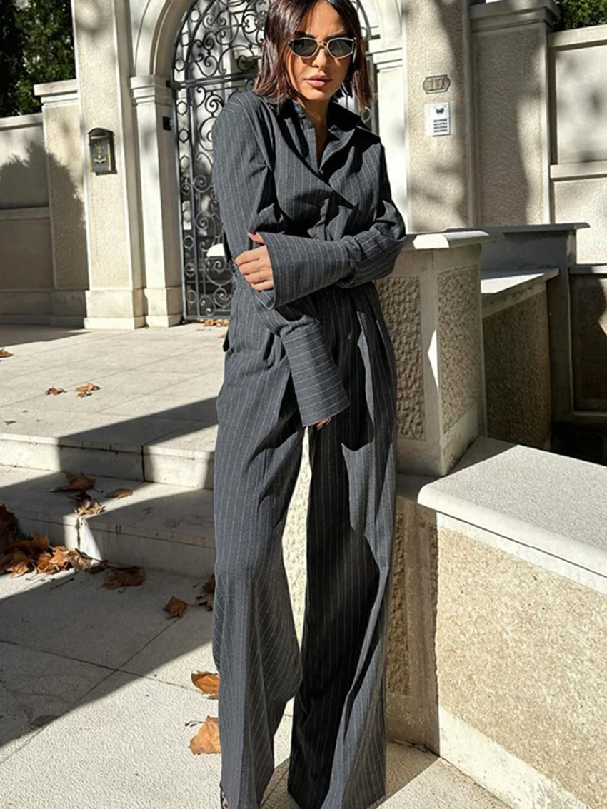 Marthaqiqi مخطط السيدات ملابس نوم مجموعة طويلة الأكمام ملابس خاصة بدوره إلى أسفل طوق بنطلون بيجاما موضة الإناث ثوب النوم الشتاء البدلة #1