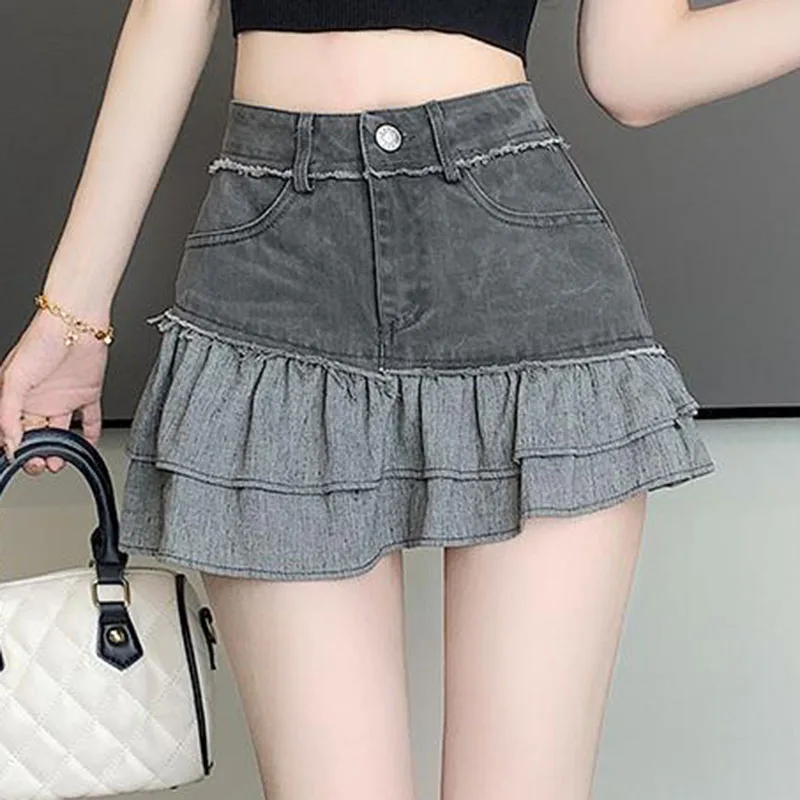 Summer Sexy Streetwear Denim Skirt Women Fashion high Waist Patchwork Ruffles a line skirts Casual Pockets Denim Skirt Lady