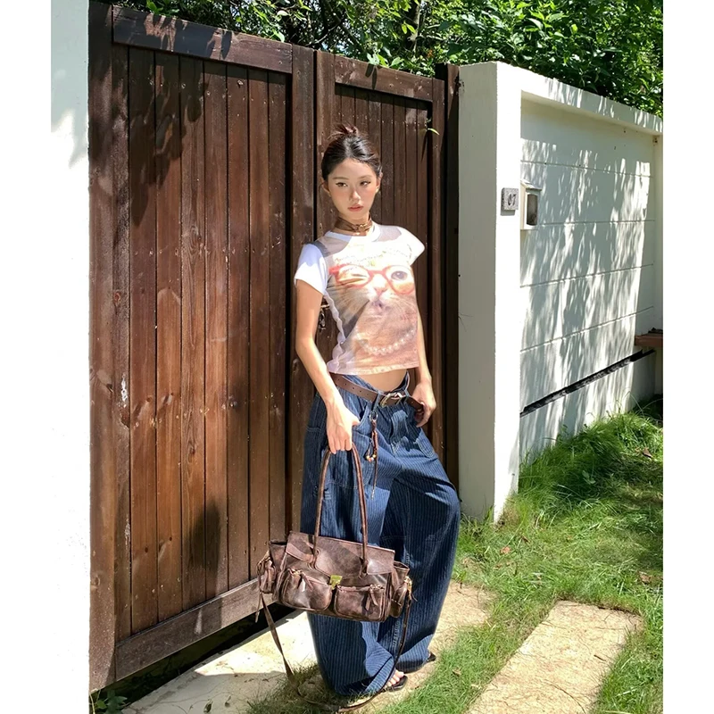 Damskie jeansy w stylu Y2K z szerokimi nogawkami, w paski, vintage, na jesień 2025, Harajuku, spodnie dżinsowe, japońskie, oversize, boyfriend, cargo, lata 2000, lata 90.