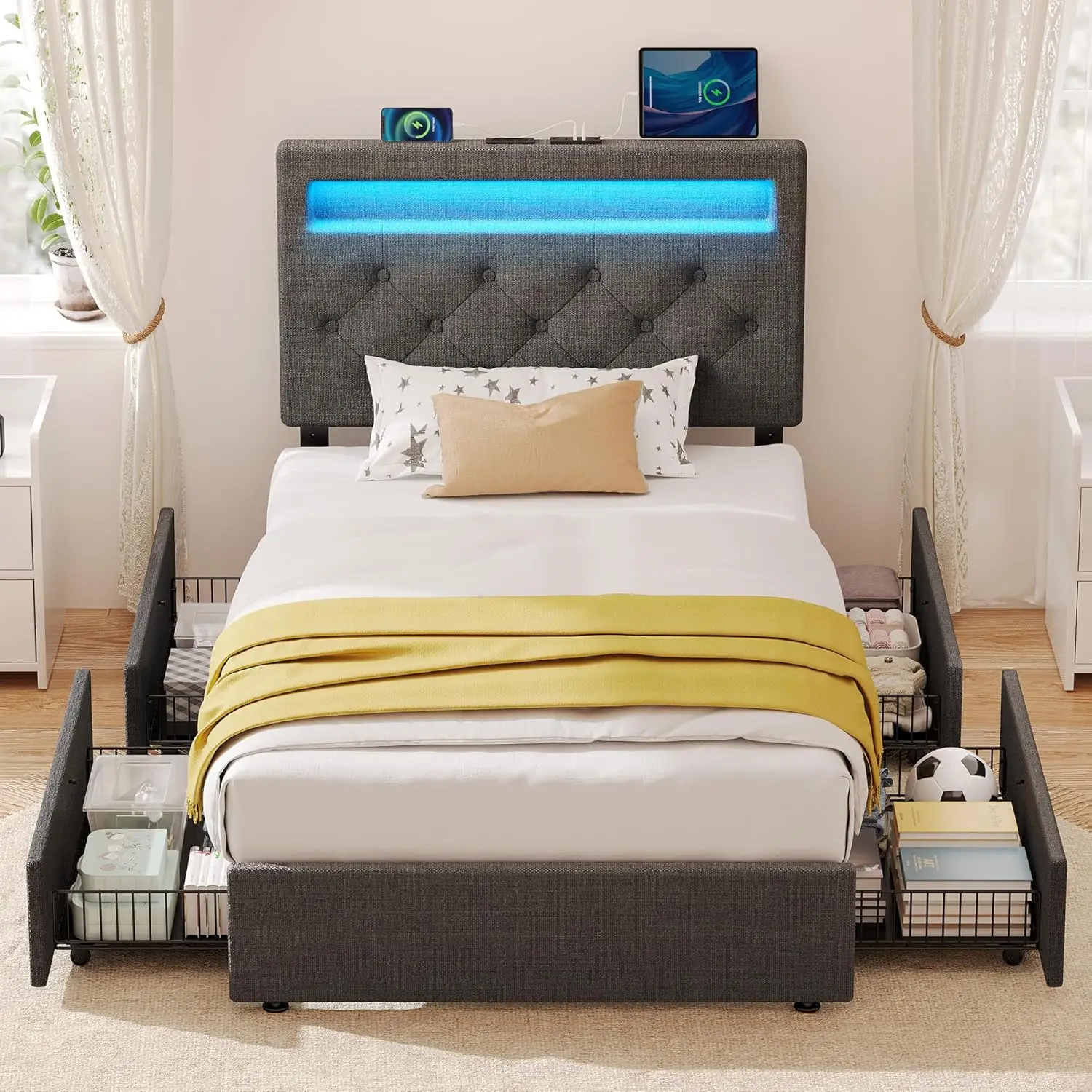 Twinsize bedframe met laadstation en LED-verlichting, gestoffeerd bed met verstelbaar hoofdeinde en 4 opbergladen, No Bo