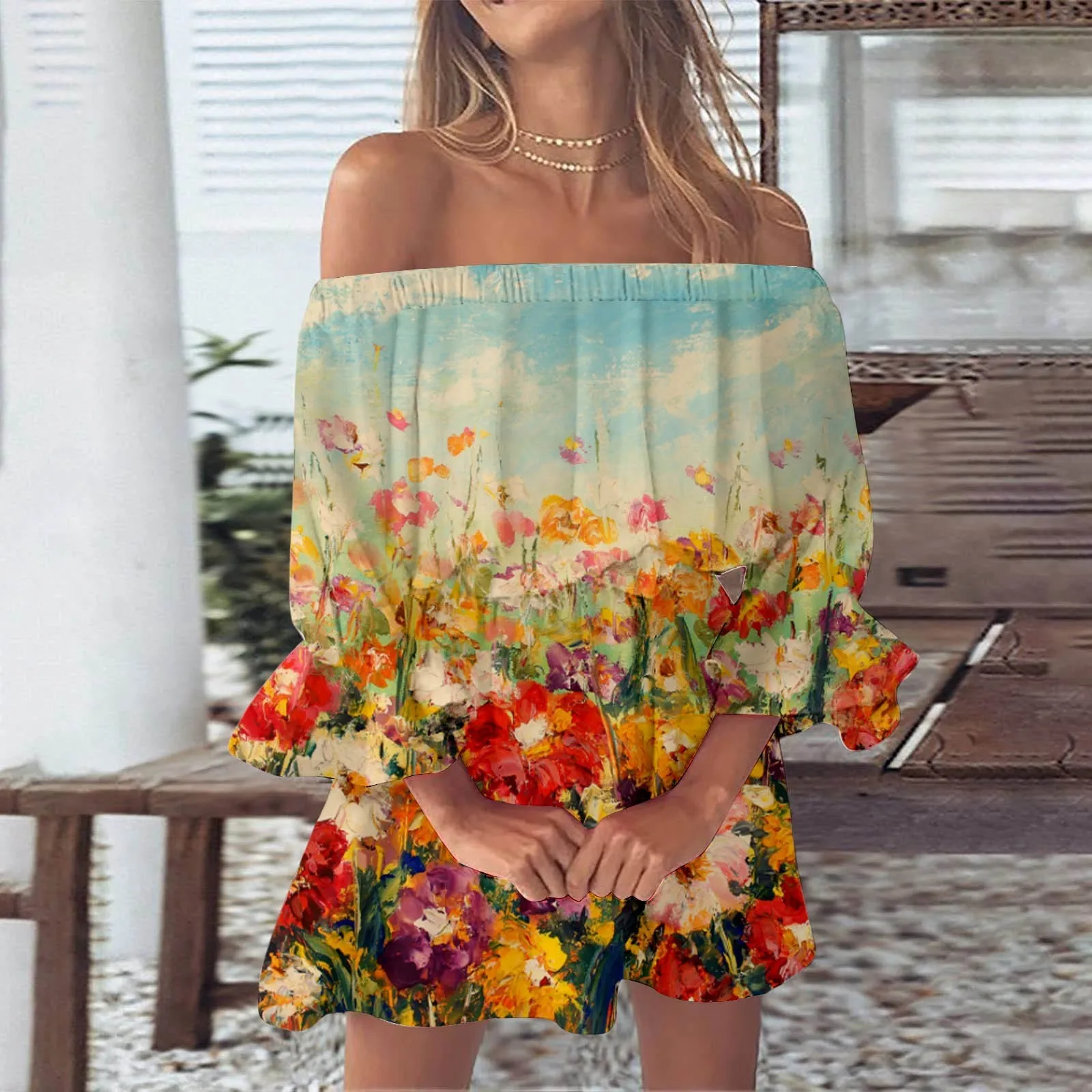 

Summer Dresses For Women Beach Sexy Off Shoulder Backless Tunic Sundresses Casual Loose Fit Bell Sleeve Mini Floral Dress