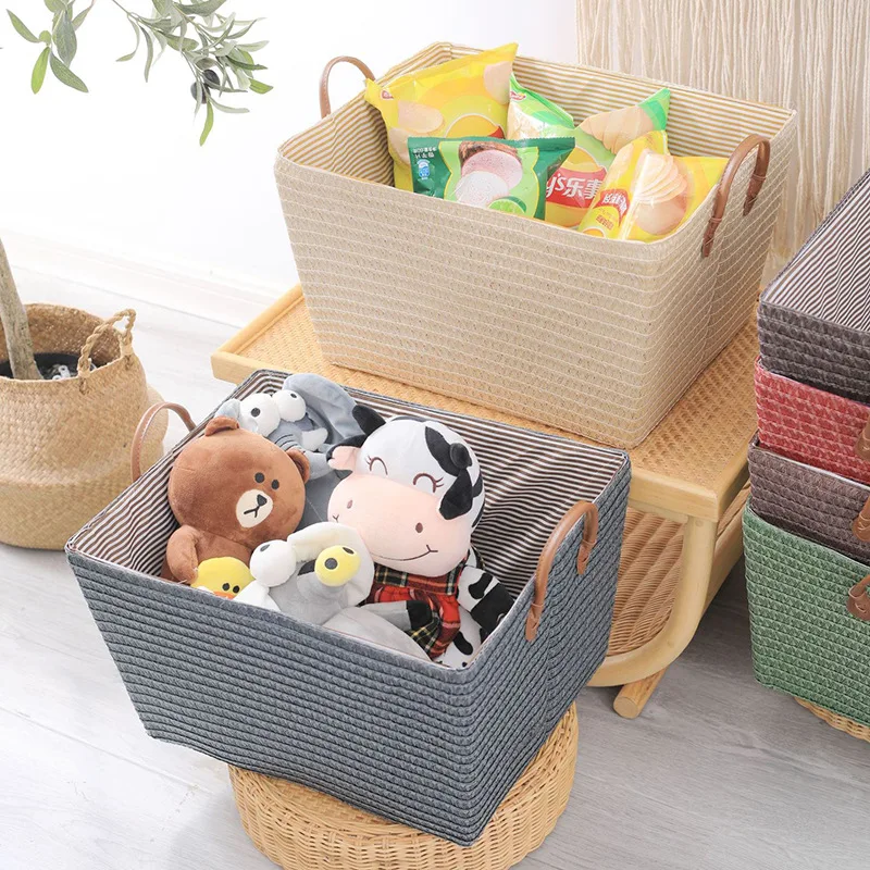 

Imitation Rattan Woven Foldable Storage Basket with Handle Straw Woven Snacks Toy Dirty Clothes Miscellaneous Storage Basket