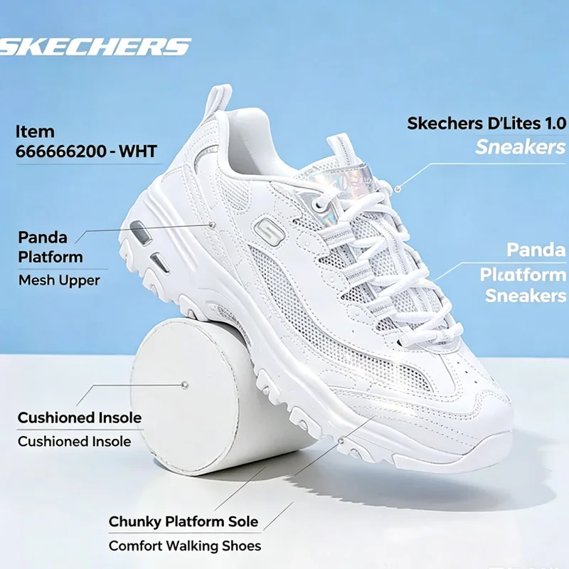 Skechers Women D'Lites 1.0 Panda Shoes 66666200-WHT White Mesh Platform Cushion Walking Casual Sneakers