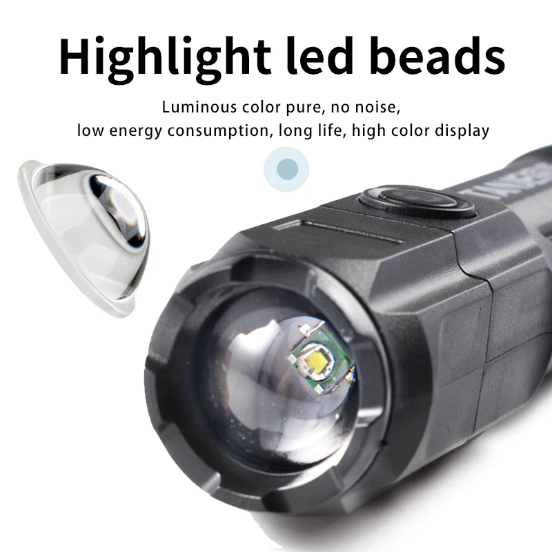 Lanterna LED super brilhante recarregável à prova d'água com alça ABS de plástico Li-Ion Bateria