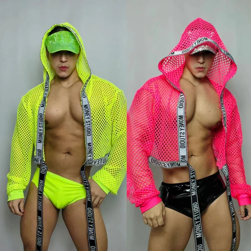 

Fluorescent Colors Mesh Top Briefs Bar Nightclub Dj Ds Men Pole Dance Clothing Gogo Dancer Costume Stage Performance Wear XS5644