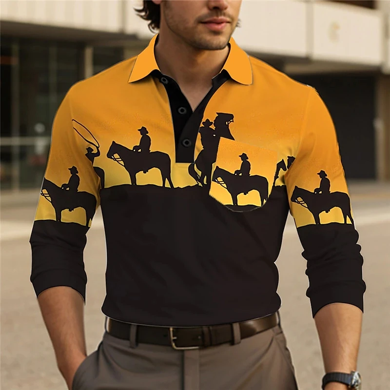 Men's Cowboy Graphic Polo Shirts Casual Long Sleeve Turndown Vintage Outdoor Casual Polo Shirts Streetwear 3D Mens Tshirt Tops